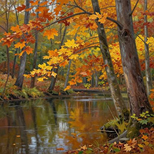 Autumn forest photograph: Vibrant orange and yellow leaves reflect in a calm, narrow stream, surrounded by tall, textured trees.