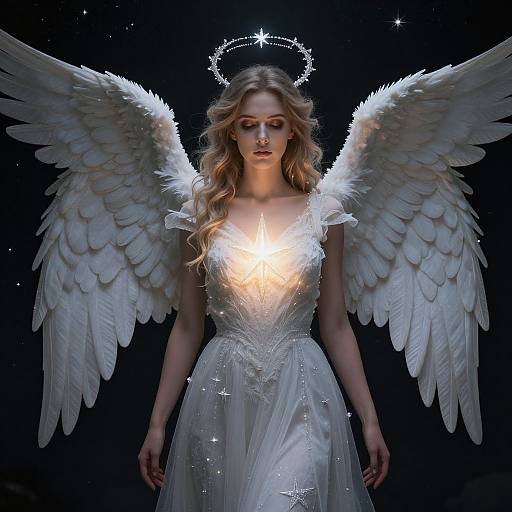 Digital illustration of a blonde angel with glowing halo, white wings, and dress, standing against a dark starry background.