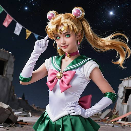 Digital artwork of a blonde anime-style Sailor Moon in green and white uniform, pink bow, white gloves, standing confidently at night with starry sky,