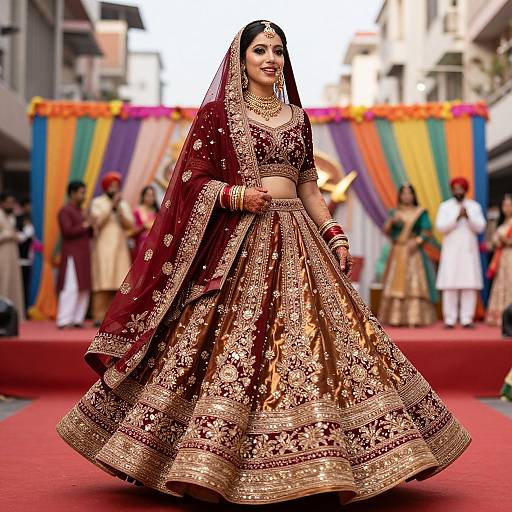 Photograph of an Indian bride in a rich red and gold embroidered lehenga, traditional jewelry, and veil, standing on a red carpet at a colorful