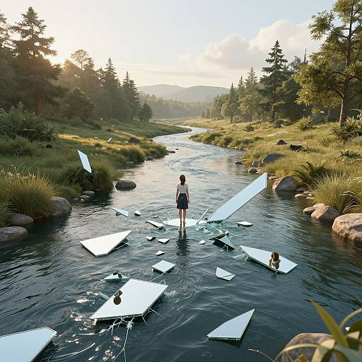 Photorealistic digital art: A woman in a blue swimsuit stands on floating ice chunks in a serene, sunlit forest stream.