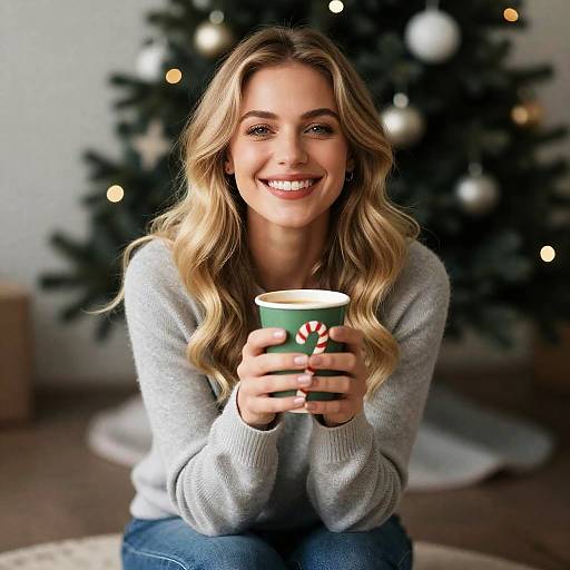 Cheerful Woman with Coffee by Christmas Tree