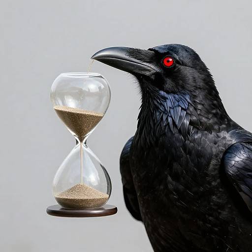 Photograph of a black raven with striking red eyes, gazing at a transparent hourglass filled with sand, against a white background.