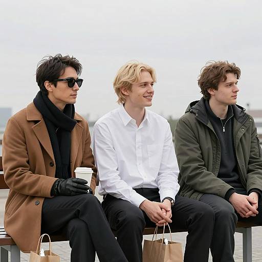 Three Men Relaxing on a Bench Outdoors