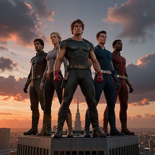 Photograph of five muscular superheroes in dark costumes standing on a rooftop at sunset, with a city skyline and clouds behind them. Leading figure has curly hair