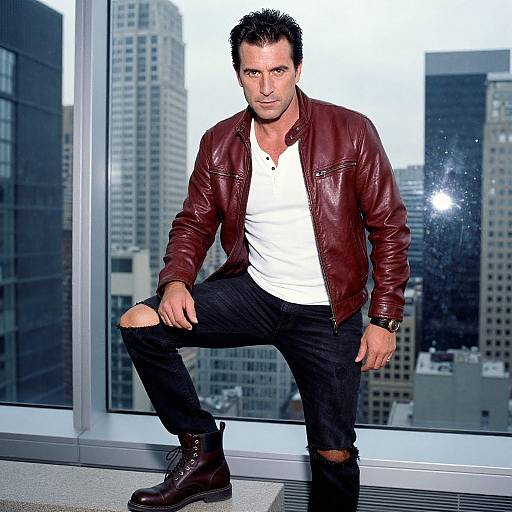 Photograph of a muscular man with dark hair, wearing a red leather jacket, white shirt, black jeans, and boots, posing confidently in a high