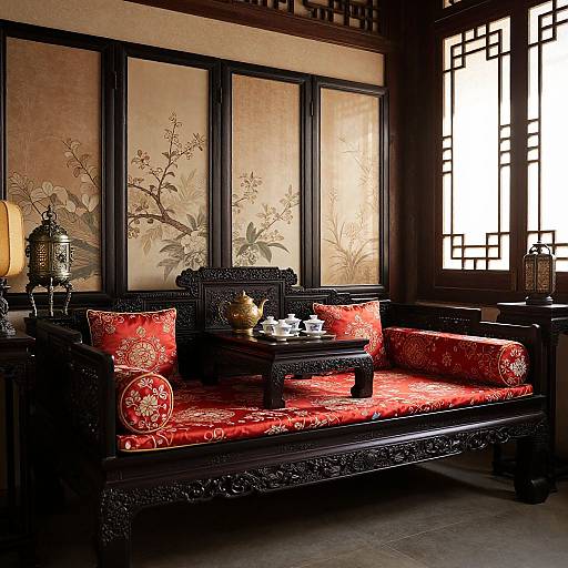 Elegant traditional Chinese living room with black carved wooden sofa, red patterned cushions, floral silk screen panels, and ornate lanterns.