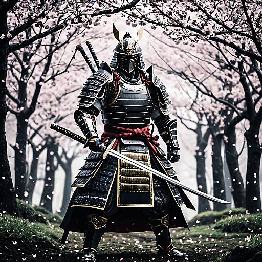 Armored Samurai in Misty Cherry Grove