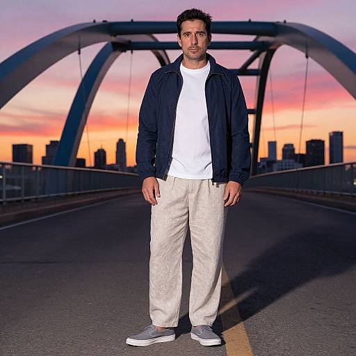 Photograph of a man with short, dark hair, wearing a navy jacket, white t-shirt, beige pants, and gray sneakers, standing on a