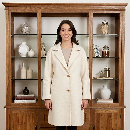 Photograph of a smiling woman with dark hair, wearing a cream-colored coat, standing in front of a wooden bookshelf with decorative vases and books