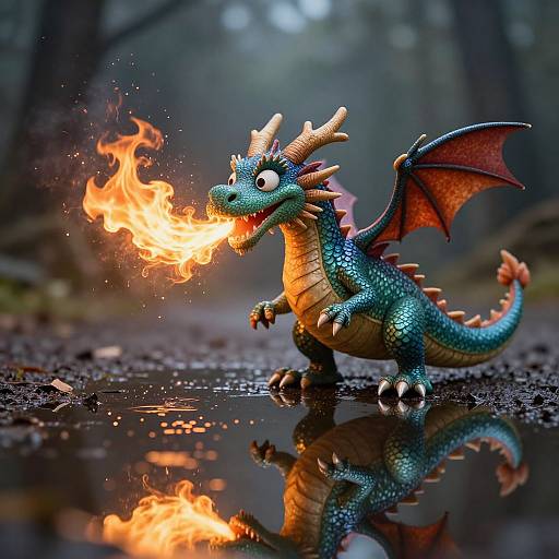 Photograph of a colorful, cartoon-style dragon with blue scales, orange underbelly, and red wings breathing fire onto a wet, reflective forest path
