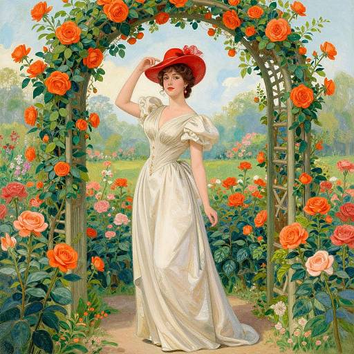 Victorian-style painting of a fair-skinned woman in a white dress and red hat, standing under a rose-covered archway in a vibrant garden.