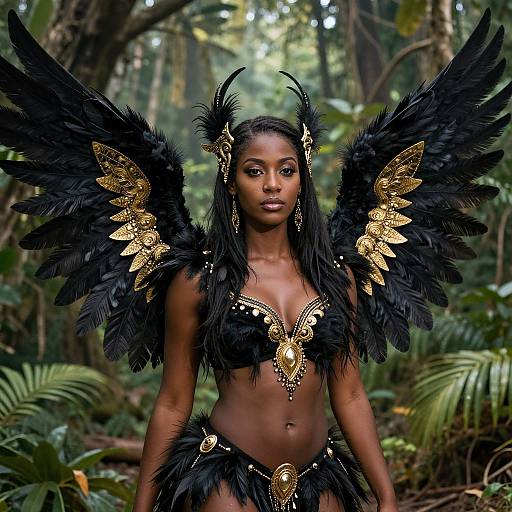 Photograph of a dark-skinned woman with large black feather wings, gold accents, and tribal attire in a lush forest.