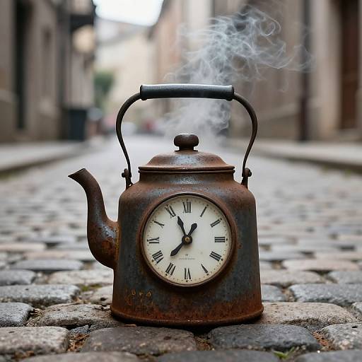 Photograph of a rusted, steam-emitting clock teapot with a black handle and Roman numerals, placed on a cobblestone street in