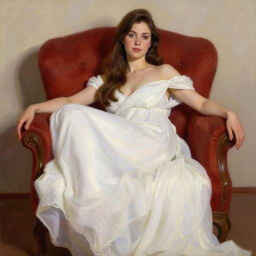 Photograph of a fair-skinned woman with long brown hair, wearing an off-shoulder white wedding dress, seated in a red, tuft
