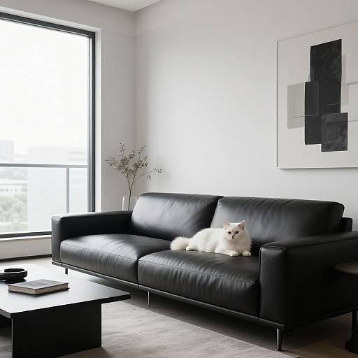 Photograph of a modern living room with a black leather sofa, white cat lying on it, large window, abstract black and white art, and a
