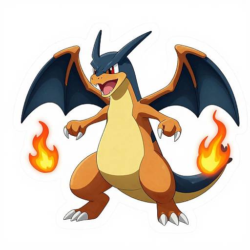 Digital drawing of Charizard, a fierce orange dragon-like Pokémon with blue wings, yellow underbelly, and flames on tail and hands, standing ready