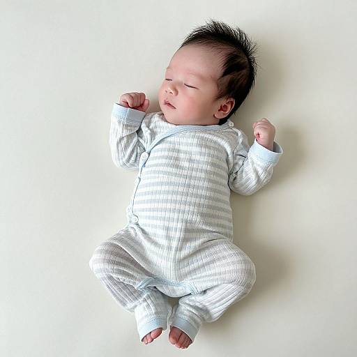 Photograph of a sleeping Asian baby with dark hair, wearing white striped pajamas, lying on a plain white background.