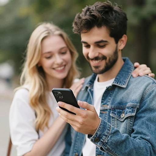 Sunlit Couple Sharing a Phone Moment