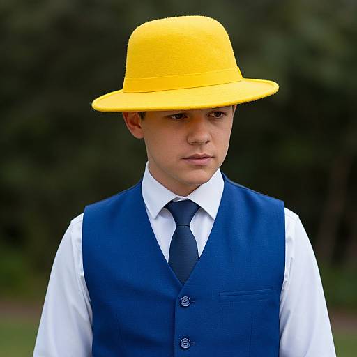 Photograph of a young man with fair skin wearing a bright yellow hat, white shirt, navy vest, and black tie, standing outdoors with a blurred