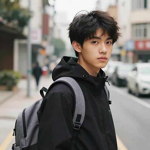 Photograph of a young Asian man with short black hair, wearing a black hoodie and grey backpack, standing on a bustling urban street with blurred background of