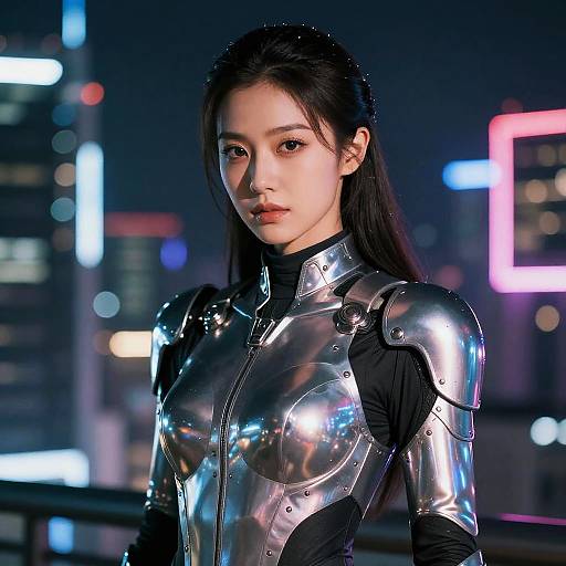 Neon-Reflective Cyberpunk Armored Woman Portrait