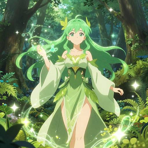 Anime-style digital artwork of a green-haired fairy girl in a leafy, green dress, casting magic in a lush forest.