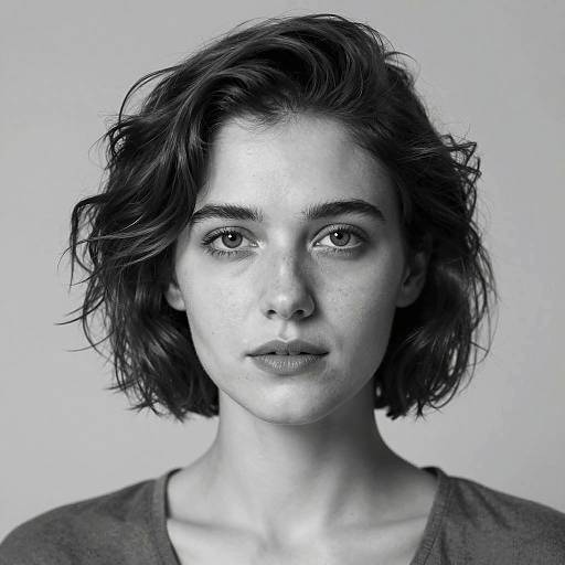 Serene Woman with Short Wavy Hair in Grayscale Portrait