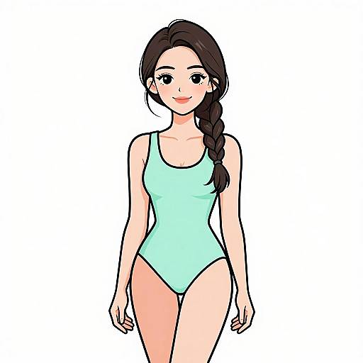Digital anime-style drawing of a smiling young woman with fair skin, dark brown braided hair, wearing a light blue one-piece swimsuit, standing against