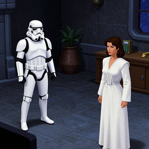 Digital artwork of a white-armored Stormtrooper standing beside a brown-haired woman in a white robe, in a dimly lit, blue-toned