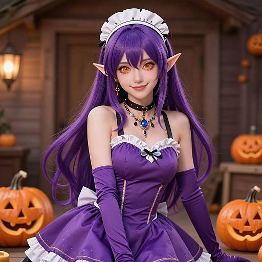 Digital anime-style portrait of a purple-haired elven girl in a purple maid dress, surrounded by carved pumpkins, in a dark, wooden, Halloween