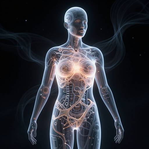 CGI image of a glowing, translucent, female humanoid figure with illuminated internal wiring, featuring prominent breasts and exposed circuitry against a dark, starry