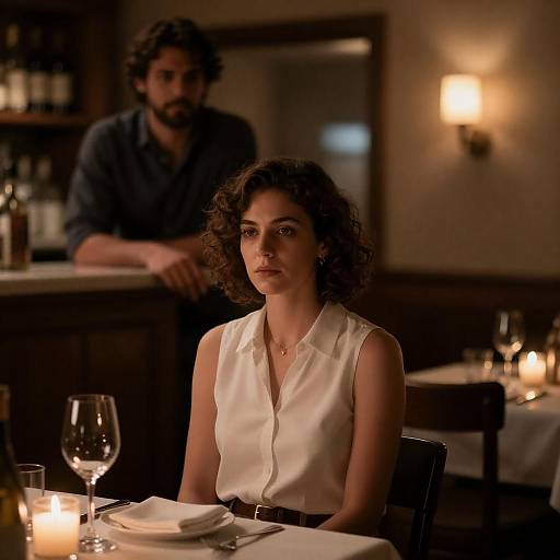 Photograph of a curly-haired woman in a white sleeveless blouse sitting at a dimly-lit restaurant table, with a bearded man standing in
