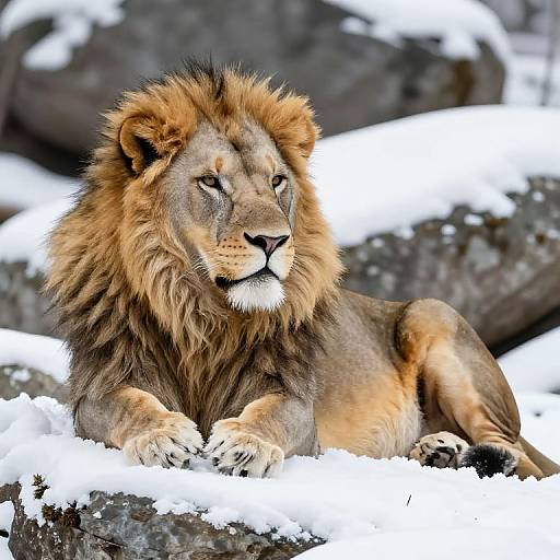 Photograph of a majestic male lion with a dense, golden-brown mane, lying on snowy rocks, gazing intently forward. Snow contrasts with