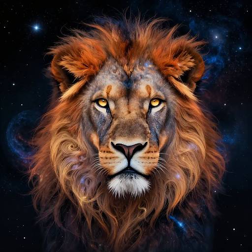 Digital artwork of a majestic lion with fiery orange mane, intense yellow eyes, and cosmic background featuring stars and nebulae.