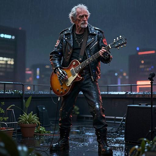 Elderly Cyborg Street Musician on Rainy Rooftop