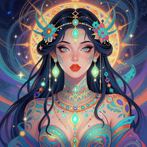Digital art of a stunning, fair-skinned woman with long black hair, adorned with glowing blue and orange jewelry, intricate tattoos, and a radiant halo