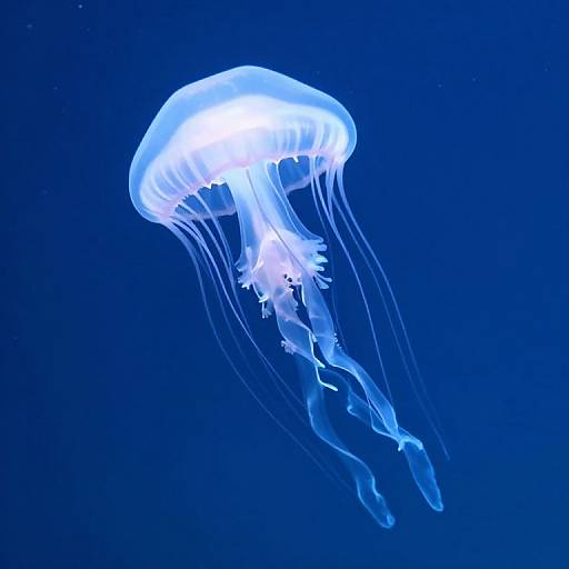 Photograph of a glowing, translucent blue jellyfish with long, flowing tentacles against a deep blue ocean background.