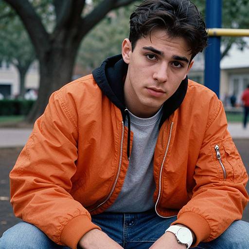 Photograph of a young man with dark hair, wearing an orange jacket, gray shirt, and blue jeans, sitting outdoors with a serious expression, tree