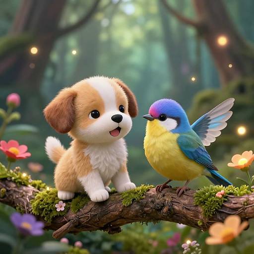 Cute digital illustration of a fluffy brown and white puppy and a colorful blue and yellow bird perched on a mossy branch in a magical, glowing