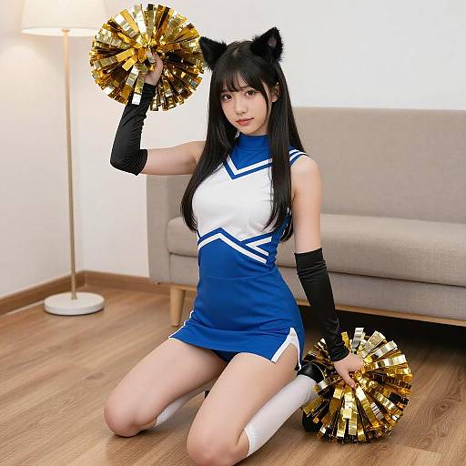 Cheerleader Cat Girl with Pom-Poms