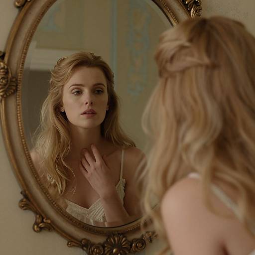 Photograph of a blonde woman with wavy hair, wearing a white lace top, standing before an ornate oval mirror, gazing intently at