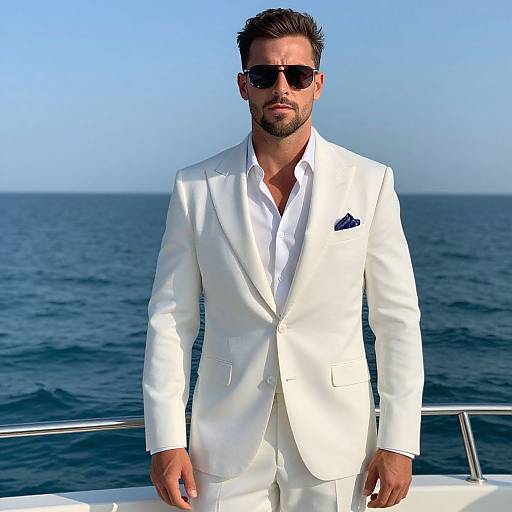 Handsome Man in White Suit on Yacht
