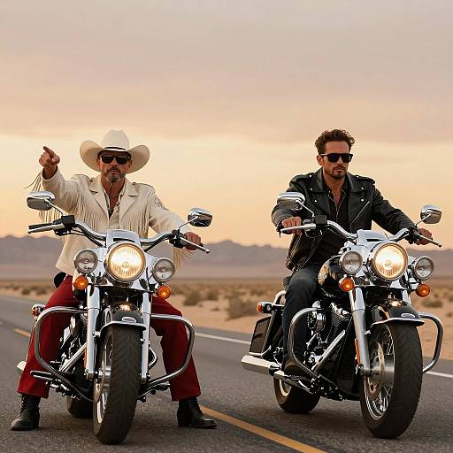 Biker Duo on Sunset Desert Highway