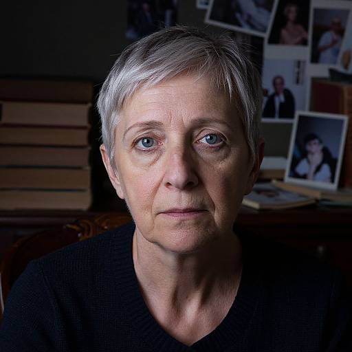 Photograph of an elderly woman with short gray hair, blue eyes, and fair skin, wearing a black shirt, against a dimly lit background with