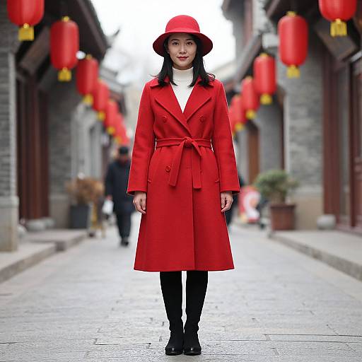 Photograph of an Asian woman in a bright red coat, hat, and black leggings, standing in a cobblestone alley adorned with red lanterns