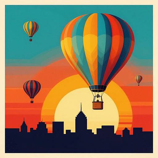 Digital illustration of colorful hot air balloons over a silhouetted city skyline at sunset, with a large orange sun behind.