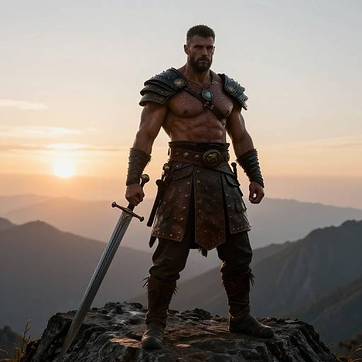 Muscular, bearded warrior with bare chest, armored shoulders, and leather skirt stands on mountain peak, holding sword at sunset. Photorealistic image