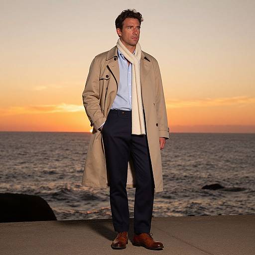 Photograph of a handsome man with short dark hair, wearing a beige trench coat, white scarf, blue shirt, black pants, and brown shoes,