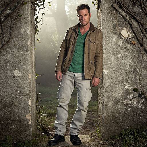 Photograph of a rugged, muscular man with short brown hair, green shirt, brown jacket, white jeans, standing in a weathered, vine-covered